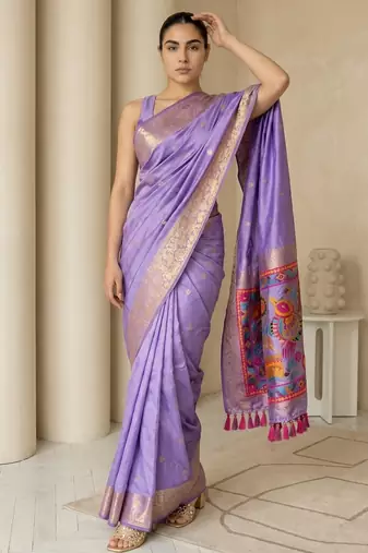 Light purple pallu woven zari buti & traditional motifs work silk blend fabric traditional festive style