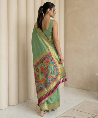 Light olive pallu woven zari buti & traditional motifs work silk blend fabric traditional festive style 2