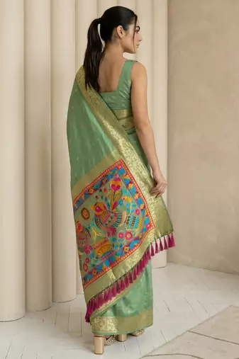 Light olive pallu woven zari buti & traditional motifs work silk blend fabric traditional festive style