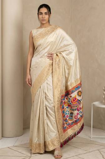 Off white pallu woven zari buti & traditional motifs work silk blend fabric traditional festive style
