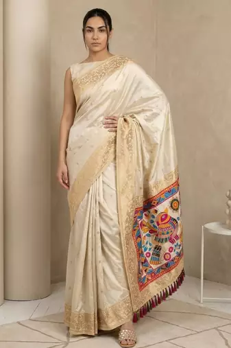 Off white pallu woven zari buti & traditional motifs work silk blend fabric traditional festive style