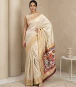 Off white pallu woven zari buti & traditional motifs work silk blend fabric traditional festive style