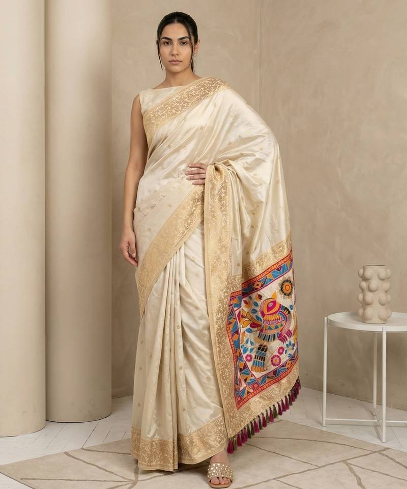Off white pallu woven zari buti & traditional motifs work silk blend fabric traditional festive style