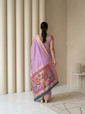 Lavender pallu woven zari buti & traditional motifs work silk blend fabric traditional festive style 2
