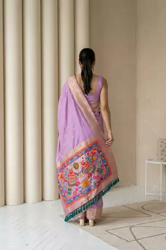 Lavender pallu woven zari buti & traditional motifs work silk blend fabric traditional festive style