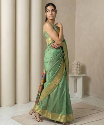 Light olive pallu woven zari buti & traditional motifs work silk blend fabric traditional festive style 3