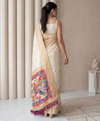Off white pallu woven zari buti & traditional motifs work silk blend fabric traditional festive style 2
