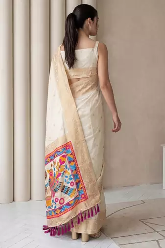 Off white pallu woven zari buti & traditional motifs work silk blend fabric traditional festive style
