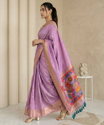 Lavender pallu woven zari buti & traditional motifs work silk blend fabric traditional festive style 3