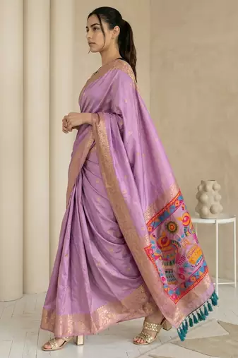 Lavender pallu woven zari buti & traditional motifs work silk blend fabric traditional festive style