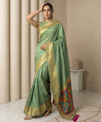 Light olive pallu woven zari buti & traditional motifs work silk blend fabric traditional festive style 4