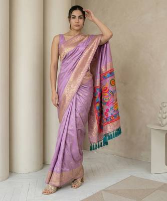 Lavender pallu woven zari buti & traditional motifs work silk blend fabric traditional festive style 4
