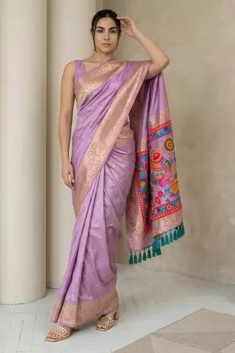 Lavender pallu woven zari buti & traditional motifs work silk blend fabric traditional festive style