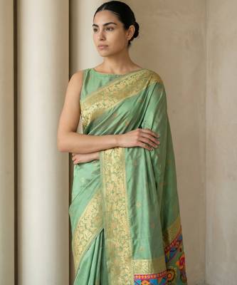 Light olive pallu woven zari buti & traditional motifs work silk blend fabric traditional festive style 5