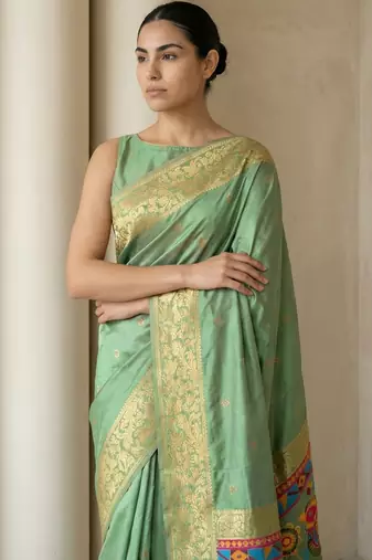 Light olive pallu woven zari buti & traditional motifs work silk blend fabric traditional festive style
