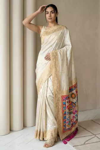 Off white pallu woven zari buti & traditional motifs work silk blend fabric traditional festive style