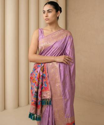 Lavender pallu woven zari buti & traditional motifs work silk blend fabric traditional festive style 5