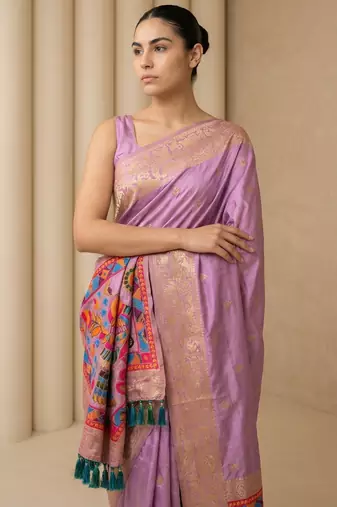 Lavender pallu woven zari buti & traditional motifs work silk blend fabric traditional festive style