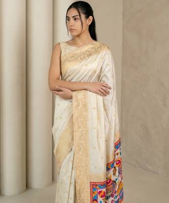 Off white pallu woven zari buti & traditional motifs work silk blend fabric traditional festive style 5