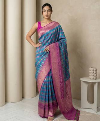Teal geometric diamond weave pattern rich zari woven border & pallu silk blend fabric elegant festive & traditional wear 1