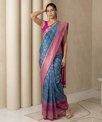 Teal geometric diamond weave pattern rich zari woven border & pallu silk blend fabric elegant festive & traditional wear 4