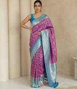 Pink geometric diamond weave pattern rich zari woven border & pallu silk blend fabric elegant festive & traditional wear