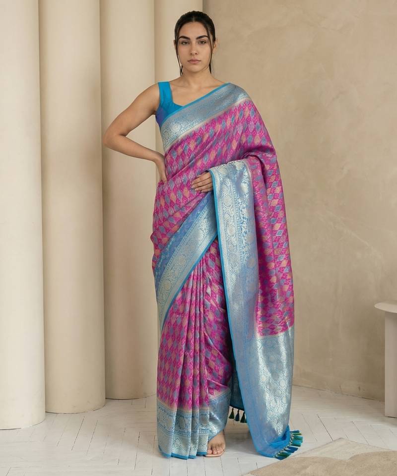 Pink geometric diamond weave pattern rich zari woven border & pallu silk blend fabric elegant festive & traditional wear