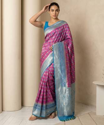 Pink geometric diamond weave pattern rich zari woven border & pallu silk blend fabric elegant festive & traditional wear 4