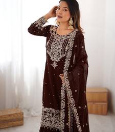 Dark Brown Color Thread With Dori Embroidery,Sequin,Thread And Pearl Work Faux Georgette Top Bottom Dupatta Set 