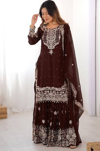 Dark Brown Color Thread With Dori Embroidery,Sequin,Thread And Pearl Work Faux Georgette Top Bottom Dupatta Set 