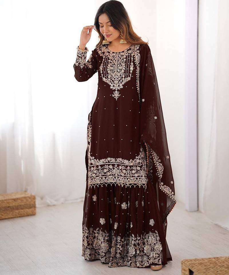 Dark Brown Color Thread With Dori Embroidery,Sequin,Thread And Pearl Work Faux Georgette Top Bottom Dupatta Set 