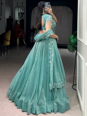 Stunning Sea Green Bead Work Organza Mehendi Wear Lehenga With Blouse 7