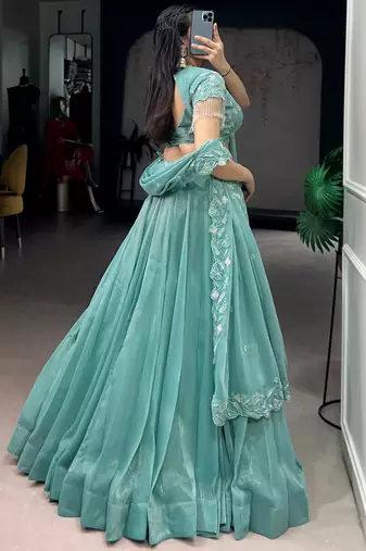 Stunning Sea Green Bead Work Organza Mehendi Wear Lehenga With Blouse