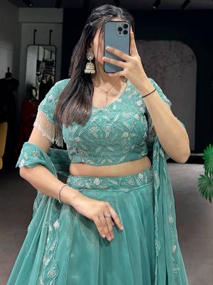 Stunning Sea Green Bead Work Organza Mehendi Wear Lehenga With Blouse 8