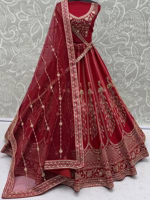 Rich Red Multi Thread Work Bridal Lehenga Choli With Double Dupatta 6