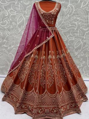 Stylish Rust Orange Hand Work Bridal Lehenga Choli With Double Dupatta 6