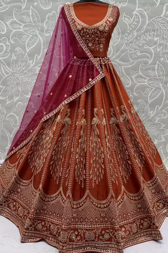 Stylish Rust Orange Hand Work Bridal Lehenga Choli With Double Dupatta