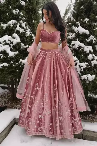 Pink Color Sequnce with moti lace broder Work Satin Lahenga Choli Set