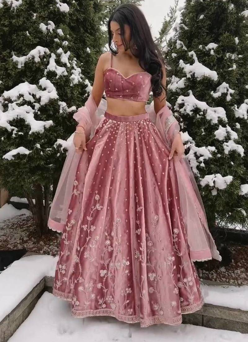 Pink Color Sequnce with moti lace broder Work Satin Lahenga Choli Set