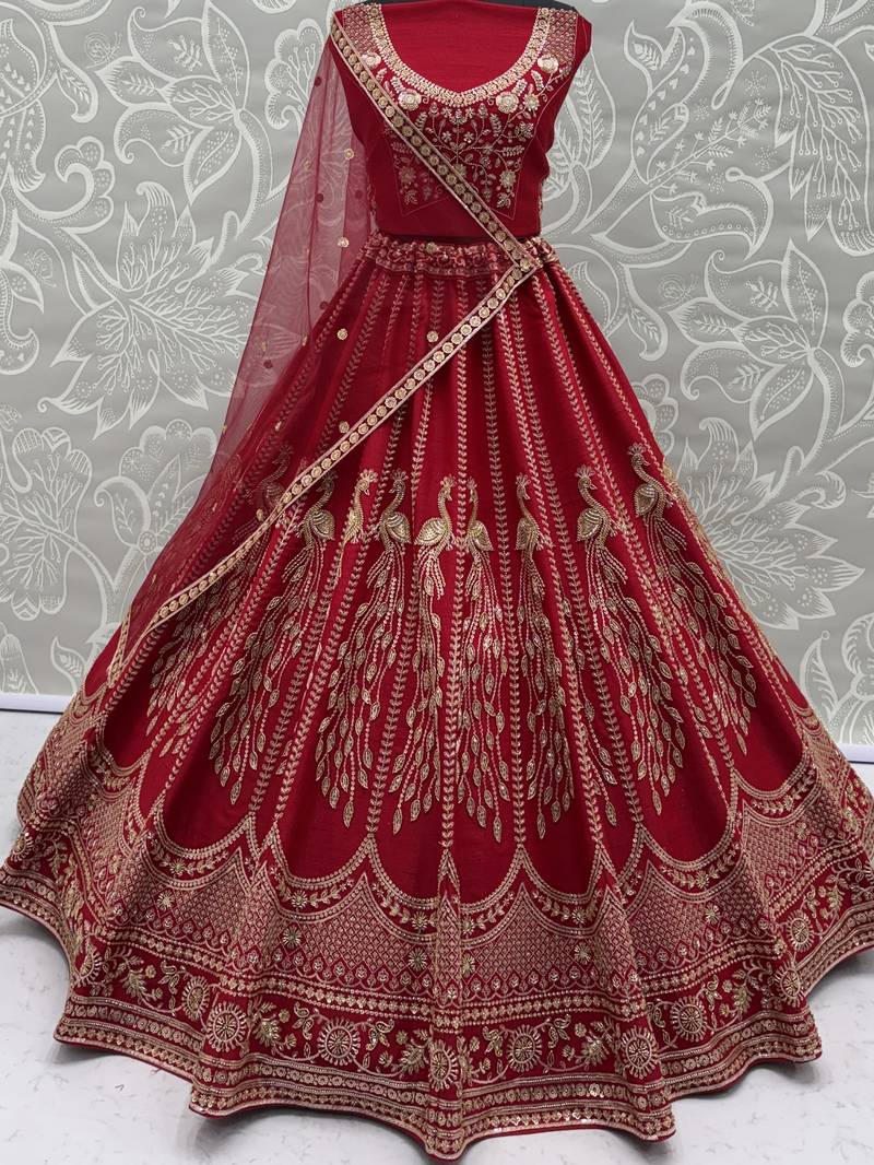 Rich Red Multi Thread Work Bridal Lehenga Choli With Double Dupatta