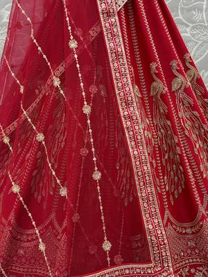 Rich Red Multi Thread Work Bridal Lehenga Choli With Double Dupatta 8