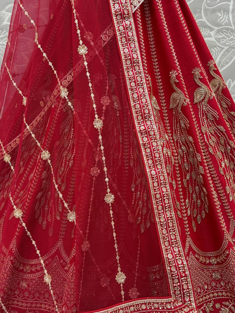 Rich Red Multi Thread Work Bridal Lehenga Choli With Double Dupatta