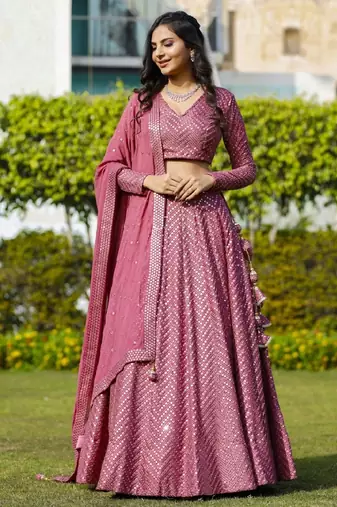 Metallic Pink Faux Georgette Sequins Embroidered Lehenga Choli with Dupatta