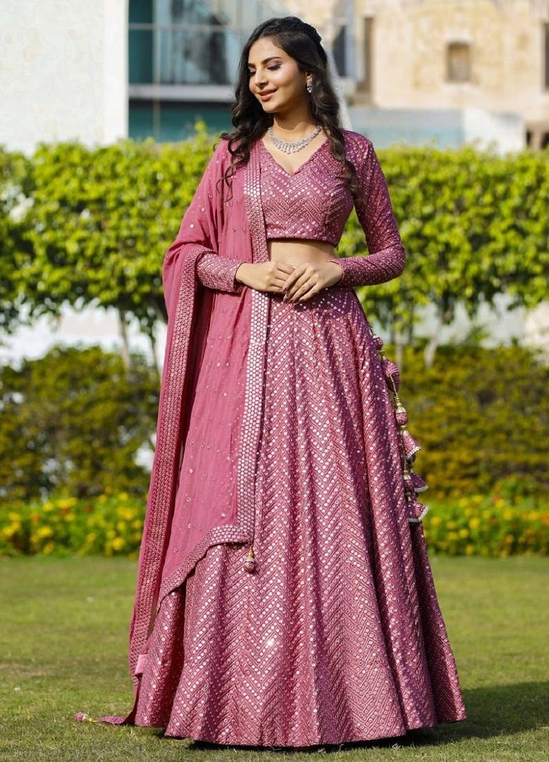 Metallic Pink Faux Georgette Sequins Embroidered Lehenga Choli with Dupatta