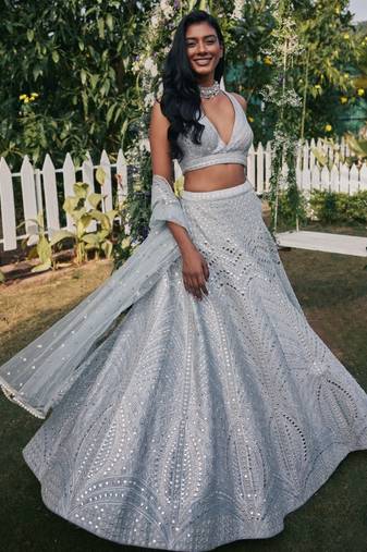 Steel Grey Banglori Silk Mirror Work Zari Embroidered Lehenga Choli with Net Dupatta