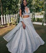 Steel Grey Banglori Silk Mirror Work Zari Embroidered Lehenga Choli with Net Dupatta