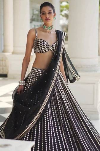 Elegant Black Organza Silk Lehenga Choli with Mirror Zari Work