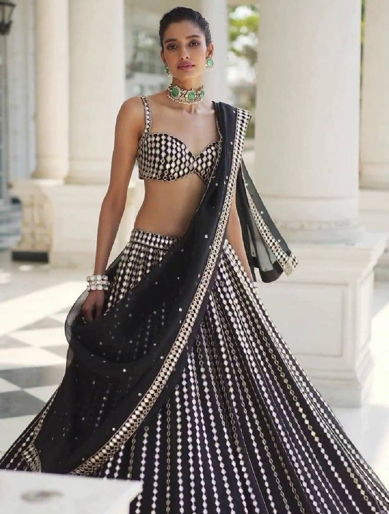 Elegant Black Organza Silk Lehenga Choli with Mirror Zari Work