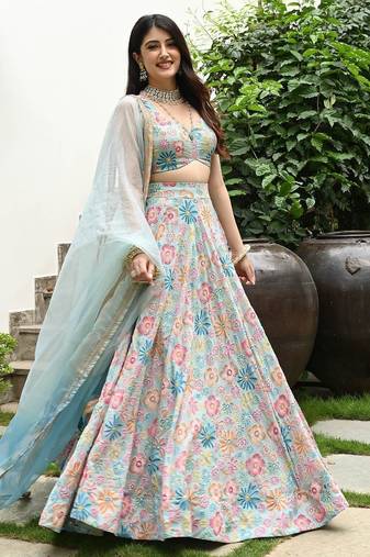 Pastel Blue Digital Floral Print Lehenga with Hook Beads Work