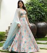 Pastel Blue Digital Floral Print Lehenga with Hook Beads Work